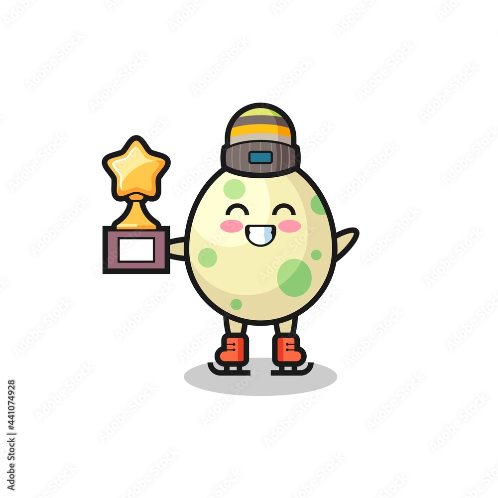 Fototapeta premium spotted egg cartoon as an ice skating player hold winner trophy