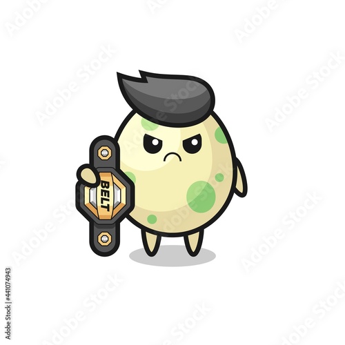 spotted egg mascot character as a MMA fighter with the champion belt