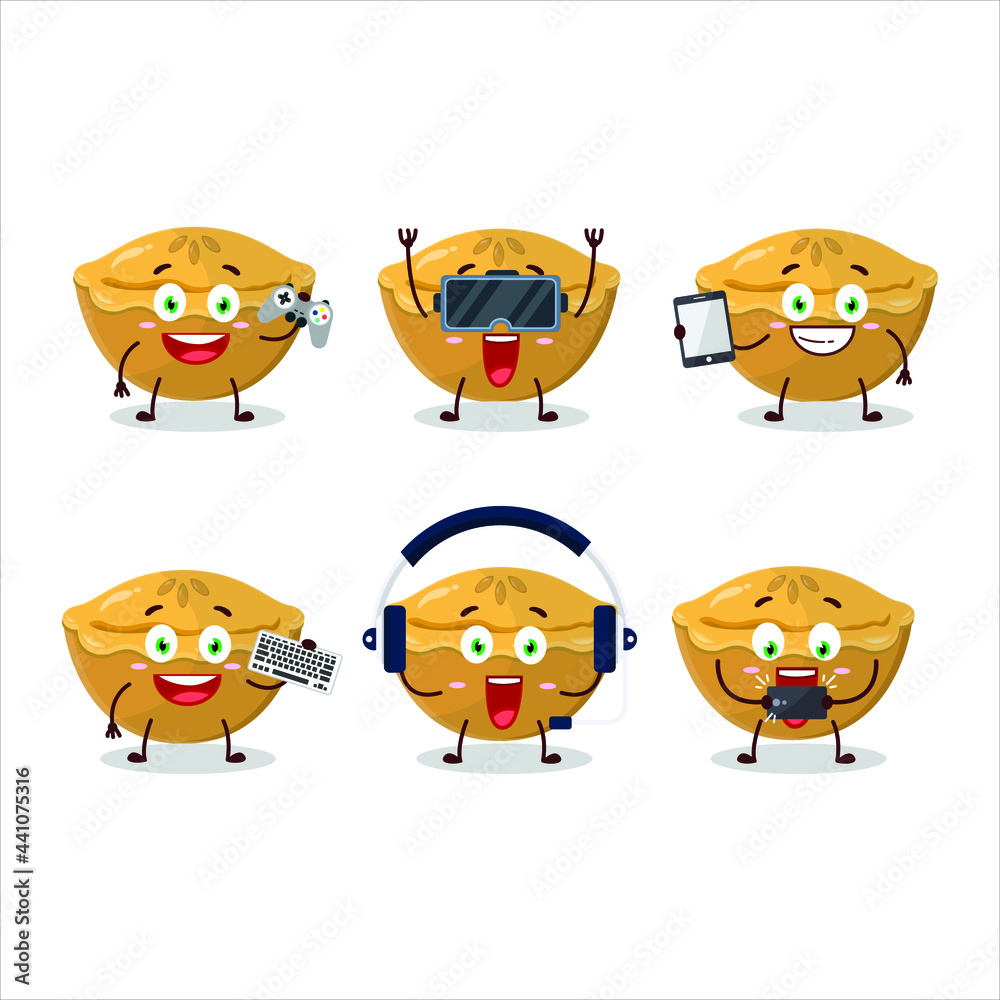 Pie cake cartoon character are playing games with various cute emoticons. Vector illustration