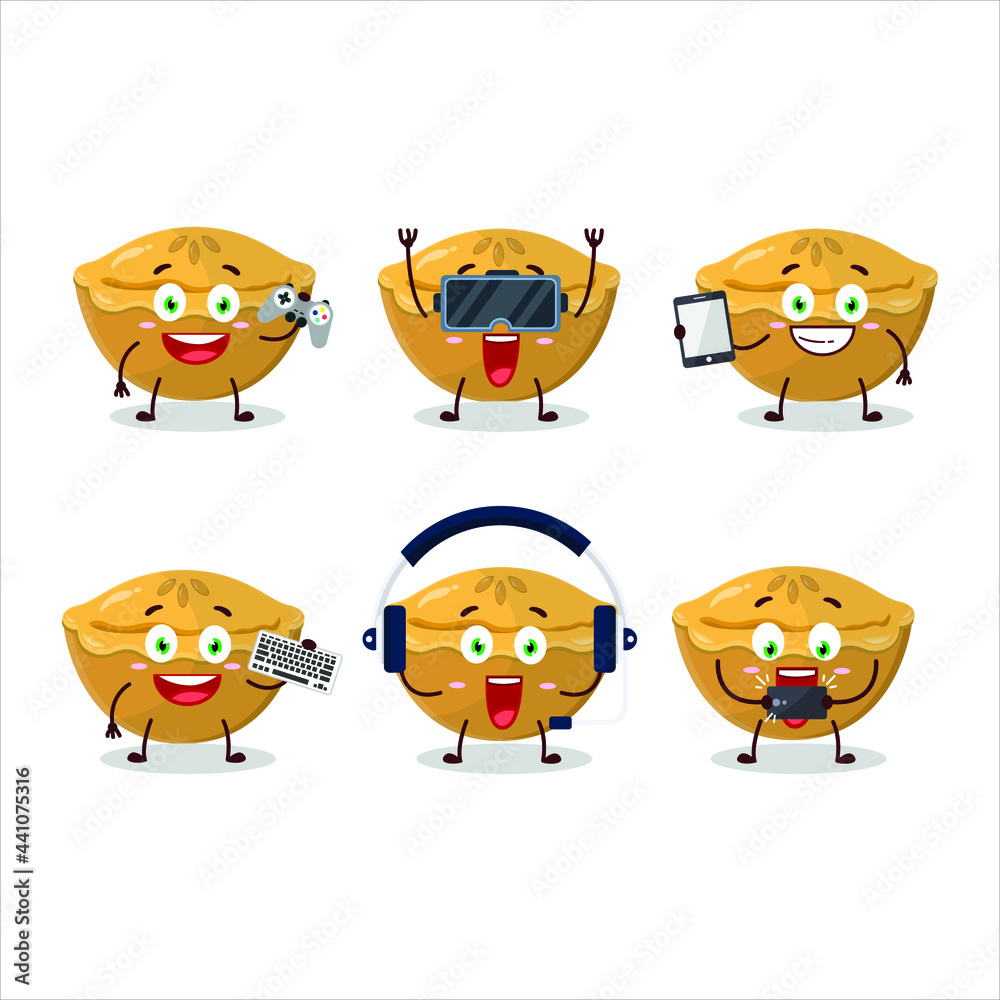 Pie cake cartoon character are playing games with various cute emoticons. Vector illustration Pie cake cartoon character are playing games with various cute emoticons. Vector illustration