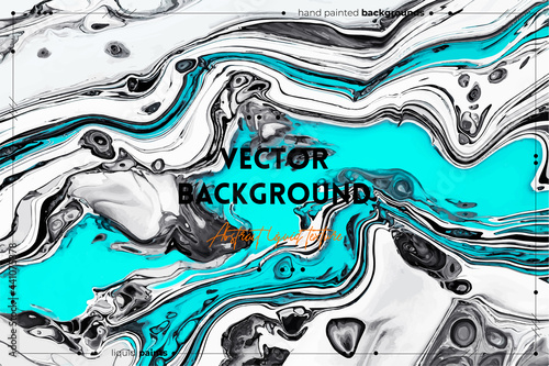 Fluid art texture. Abstract backdrop with mixing paint effect. Liquid acrylic picture with colorful mixed paints. Can be used for background or poster. Black, white and aquamarine overflowing colors.