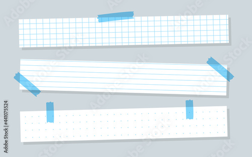 Pieces white paper with blue lined. Horizontal templates checkered or line sheet. Copybook sheet with dotted and grid patterns. Memo paper with scotch tape. School notebook paper. Vector illustration