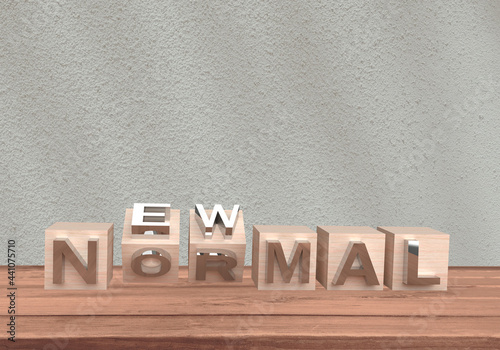 Block wood new normal font lettering text life after covid-19 corona virus disease pandemic healthcare treatment vaccine virus technology public global business strategy planning economy.3D Render photo