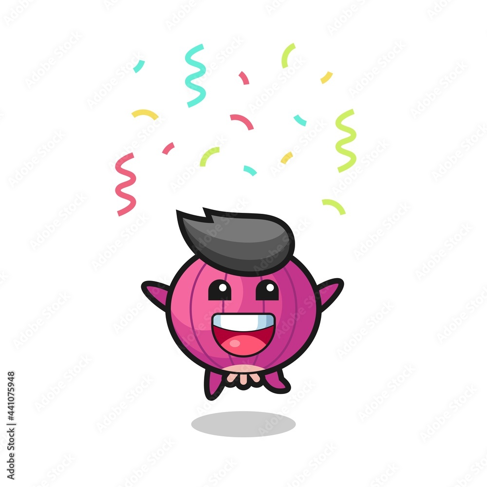 happy onion mascot jumping for congratulation with colour confetti happy onion mascot jumping for congratulation with colour confetti