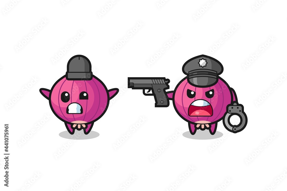 illustration of onion robber with hands up pose caught by police illustration of onion robber with hands up pose caught by police
