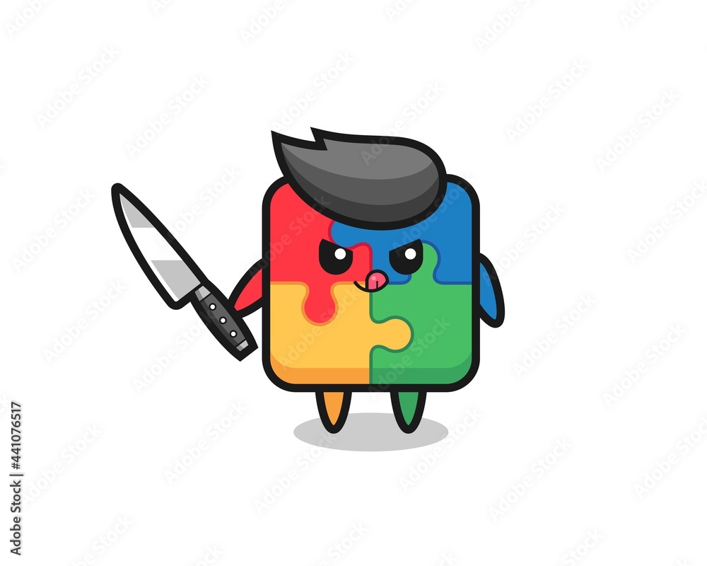 cute puzzle mascot as a psychopath holding a knife