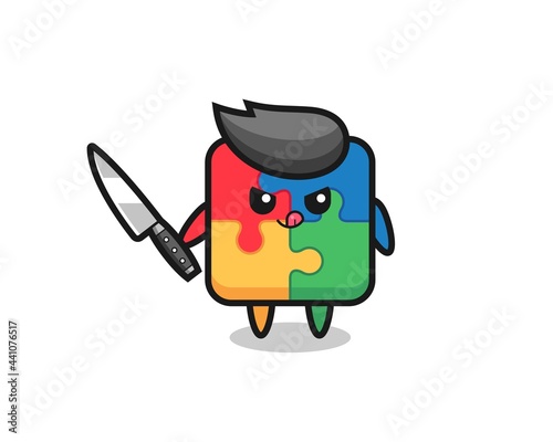 cute puzzle mascot as a psychopath holding a knife