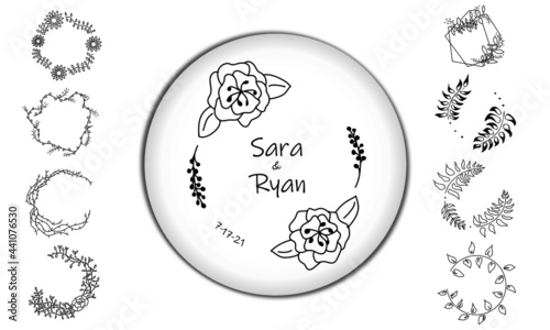 Wedding vector organic frames. Simplistic and minimalistic organic frames. Hand-drawn leaves, flowers, and vines. Organic wedding coaster designs.