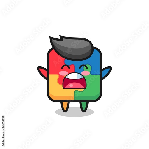 cute puzzle mascot with a yawn expression