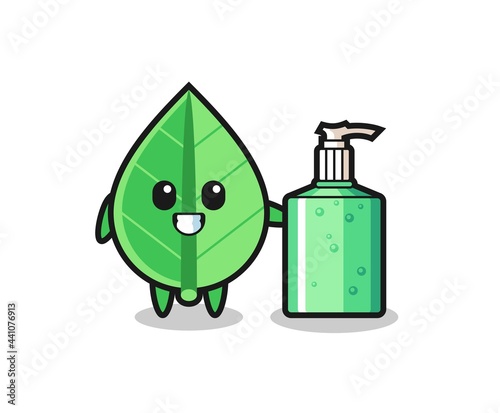 cute leaf cartoon with hand sanitizer