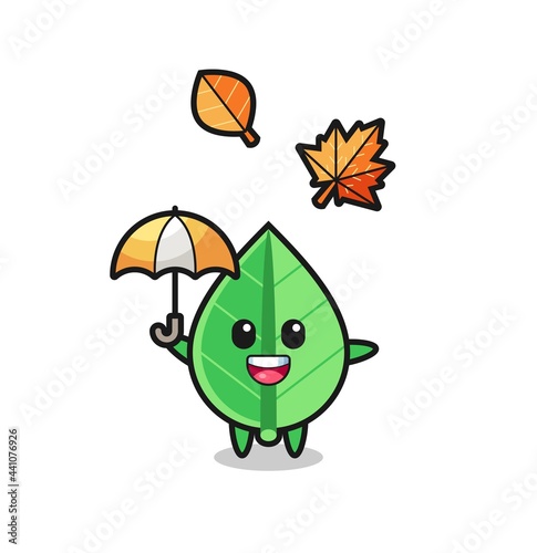 cartoon of the cute leaf holding an umbrella in autumn