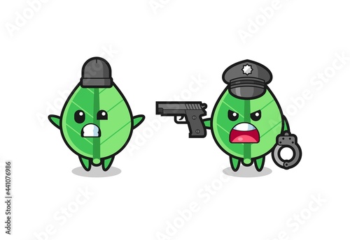 illustration of leaf robber with hands up pose caught by police