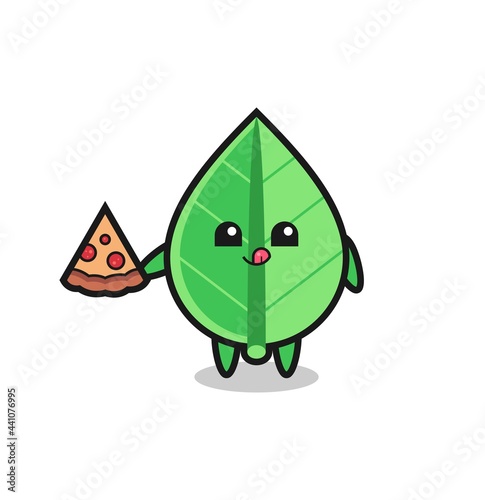cute leaf cartoon eating pizza