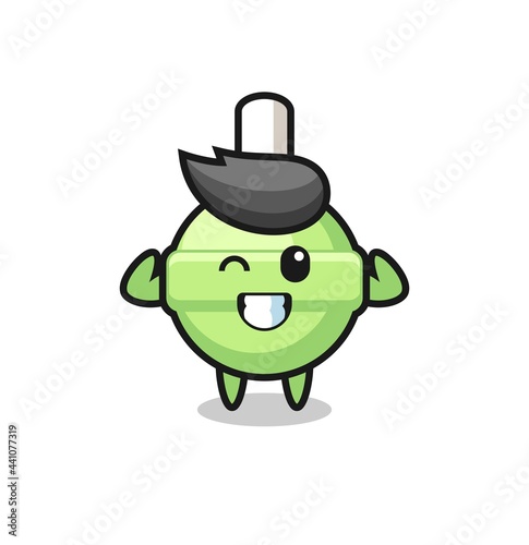 the muscular lollipop character is posing showing his muscles