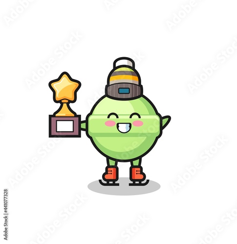 lollipop cartoon as an ice skating player hold winner trophy
