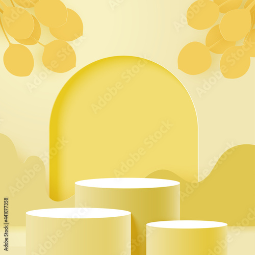3d Paper cut abstract minimal geometric shape template background.Three cylinder podiums on yellow color scheme scene.Vector illustration.