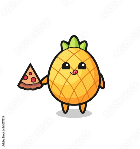cute pineapple cartoon eating pizza