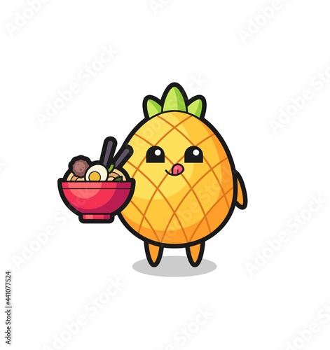 cute pineapple character eating noodles