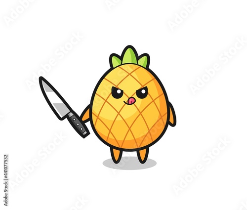 cute pineapple mascot as a psychopath holding a knife
