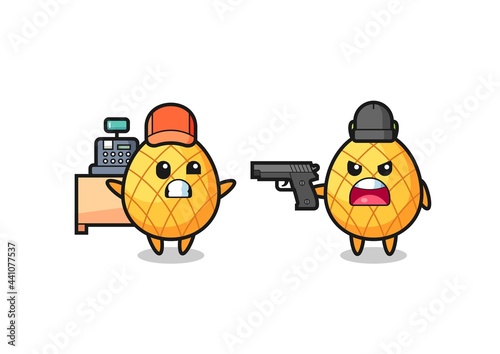 illustration of the cute pineapple as a cashier is pointed a gun by a robber