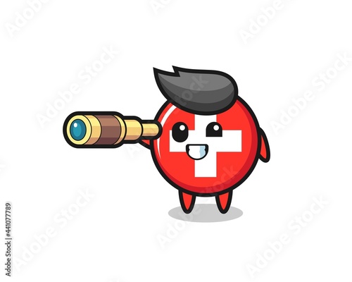 cute switzerland flag badge character is holding an old telescope