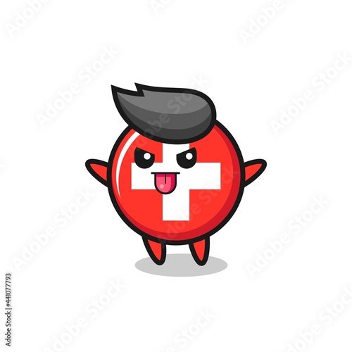 naughty switzerland flag badge character in mocking pose