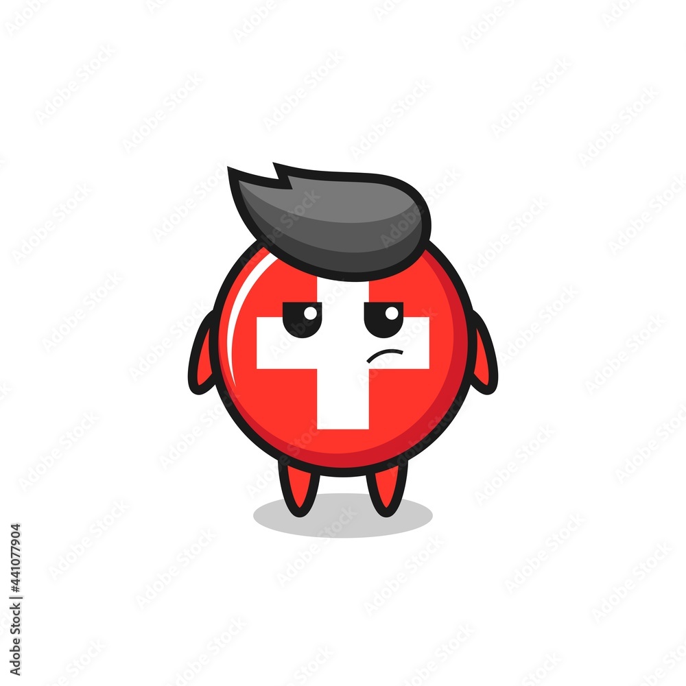 cute switzerland flag badge character with suspicious expression