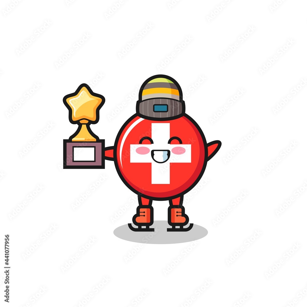 switzerland flag badge cartoon as an ice skating player hold winner trophy
