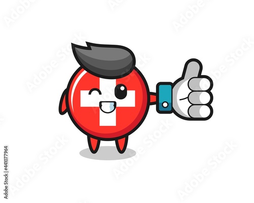 cute switzerland flag badge with social media thumbs up symbol