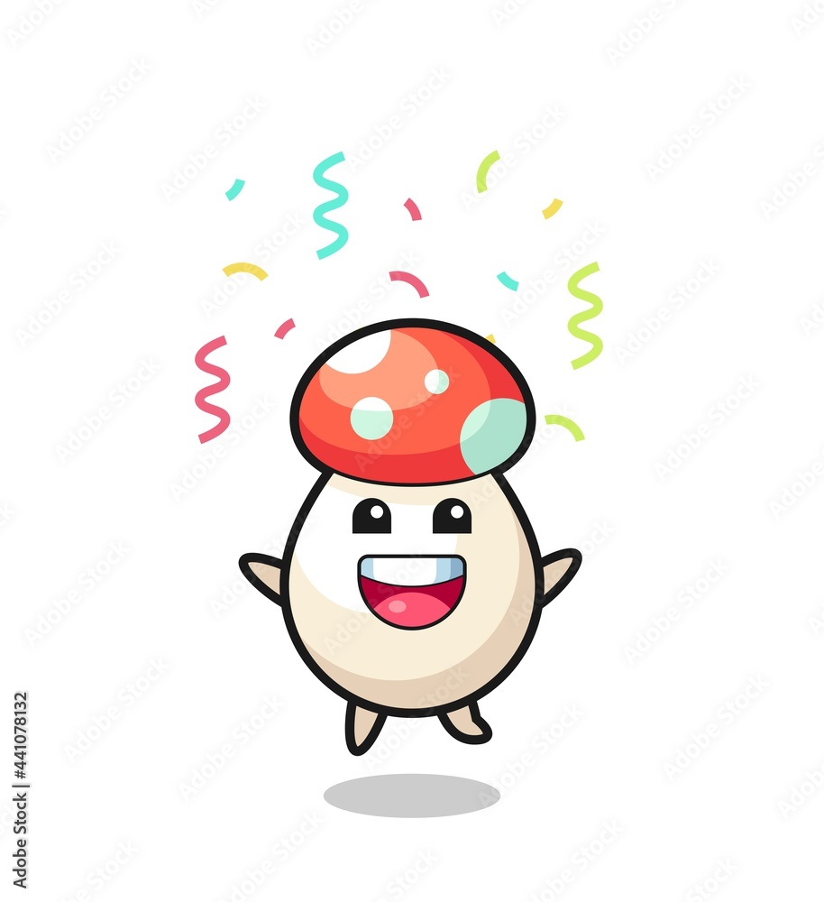 happy mushroom mascot jumping for congratulation with colour confetti happy mushroom mascot jumping for congratulation with colour confetti