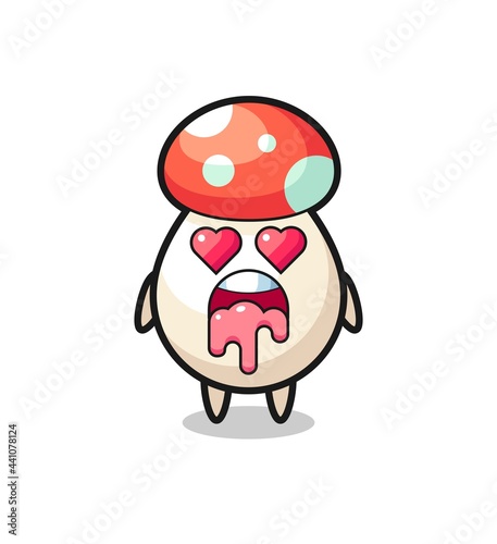 the falling in love expression of a cute mushroom with heart shaped eyes