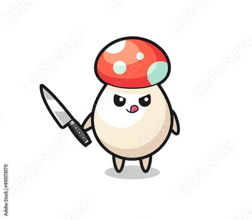 cute mushroom mascot as a psychopath holding a knife