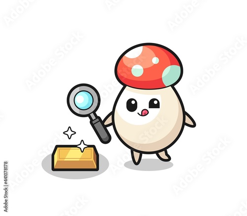 mushroom character is checking the authenticity of the gold bullion