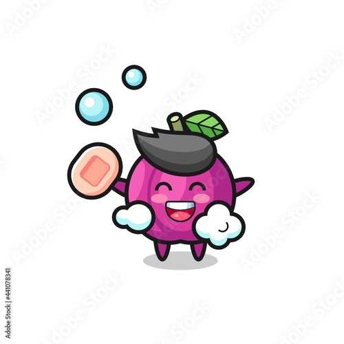 plum fruit character is bathing while holding soap