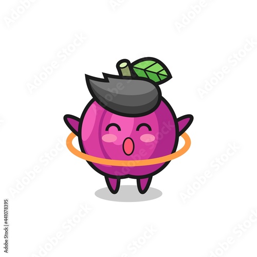 cute plum fruit cartoon is playing hula hoop