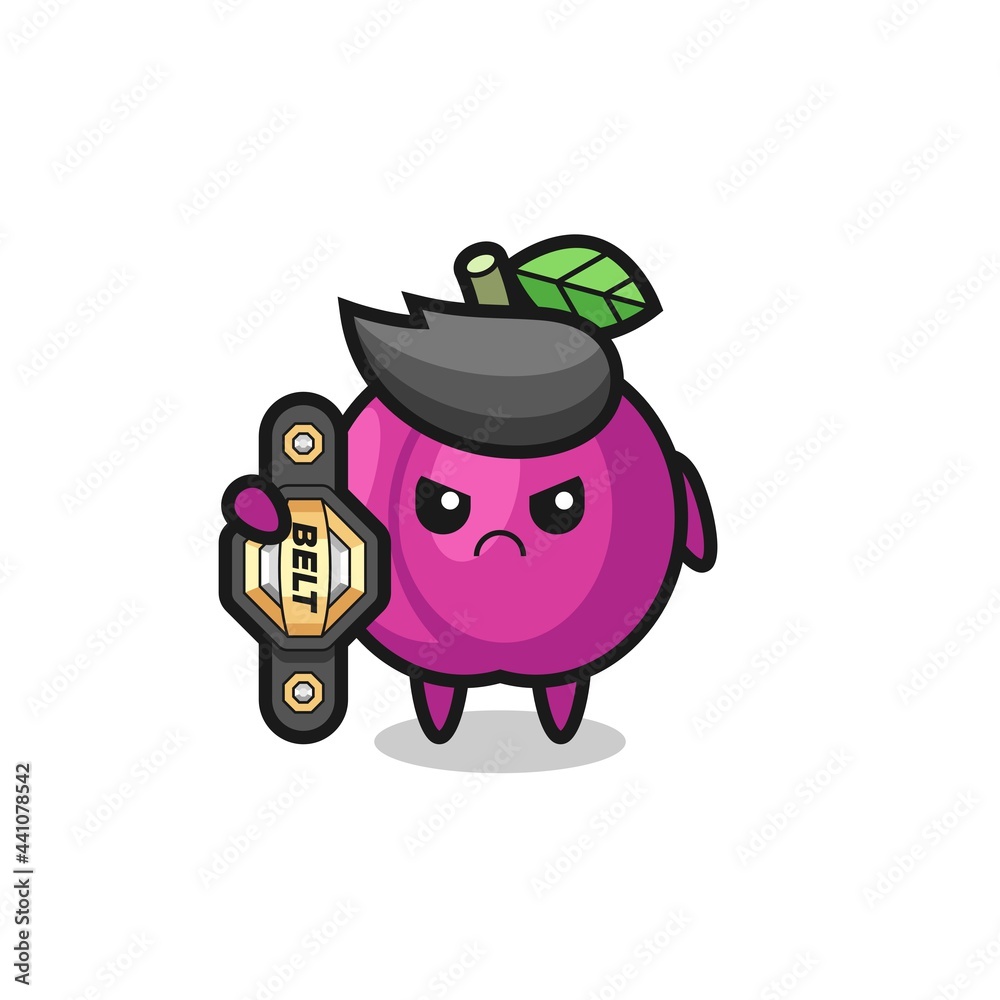 plum fruit mascot character as a MMA fighter with the champion belt plum fruit mascot character as a MMA fighter with the champion belt