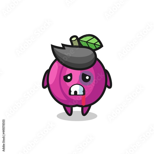 injured plum fruit character with a bruised face