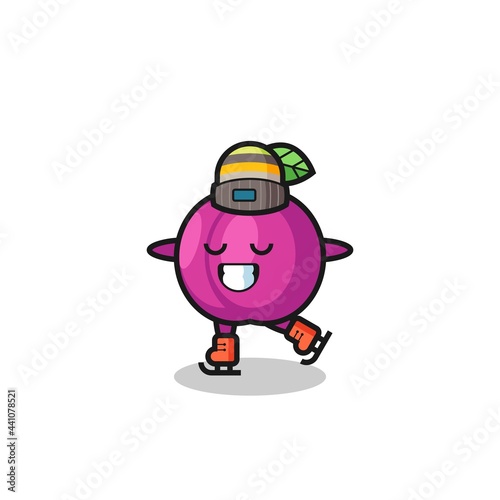 plum fruit cartoon as an ice skating player doing perform