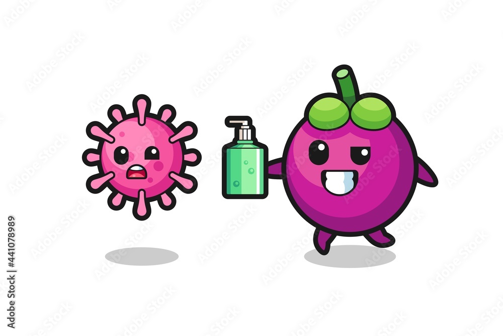 illustration of mangosteen character chasing evil virus with hand sanitizer illustration of mangosteen character chasing evil virus with hand sanitizer