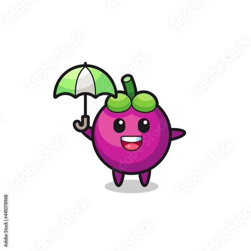 cute mangosteen illustration holding an umbrella