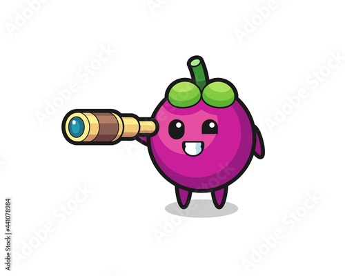 cute mangosteen character is holding an old telescope