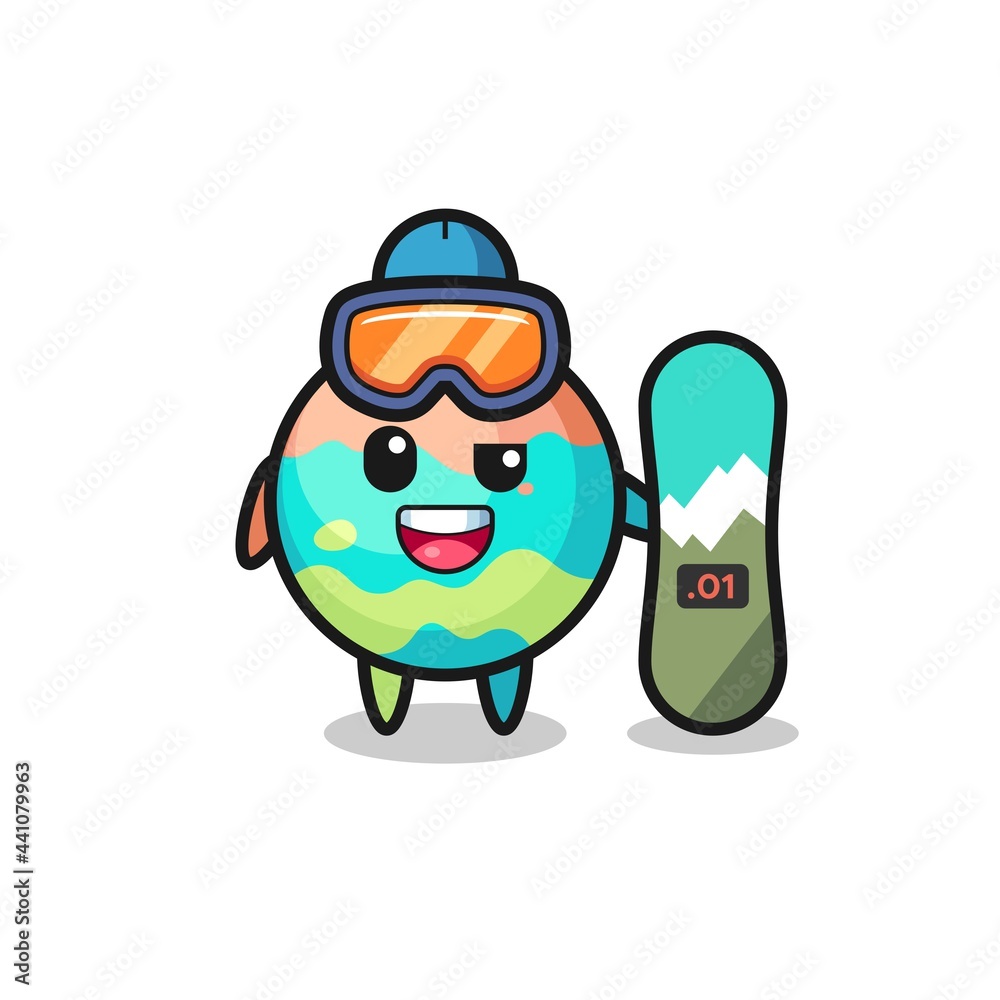 Illustration of bath bombs character with snowboarding style