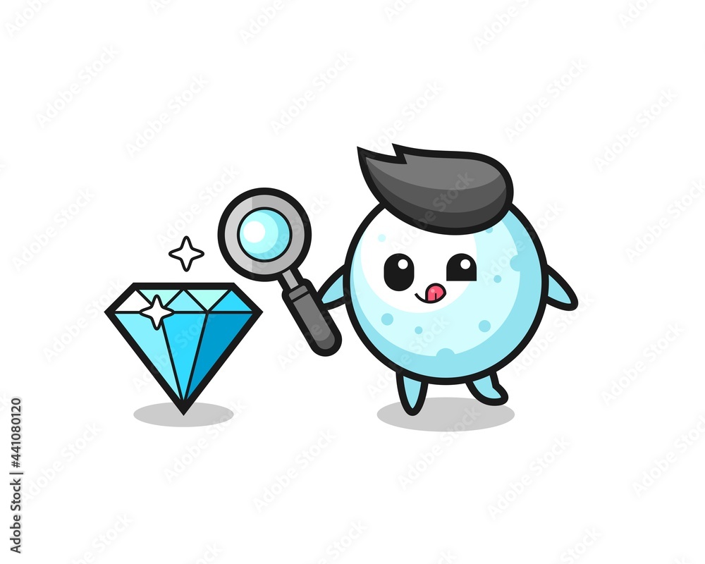 snow ball mascot is checking the authenticity of a diamond