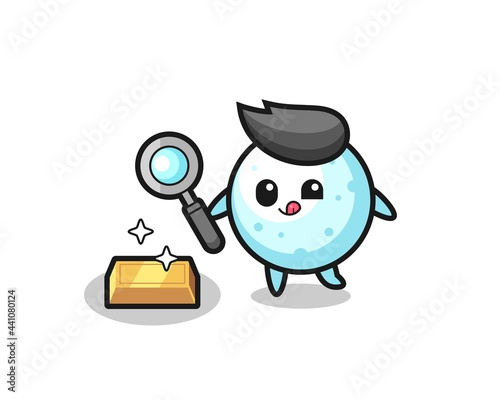 snow ball character is checking the authenticity of the gold bullion