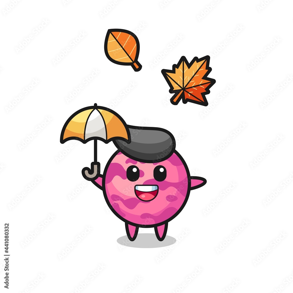 Obraz premium cartoon of the cute ice cream scoop holding an umbrella in autumn