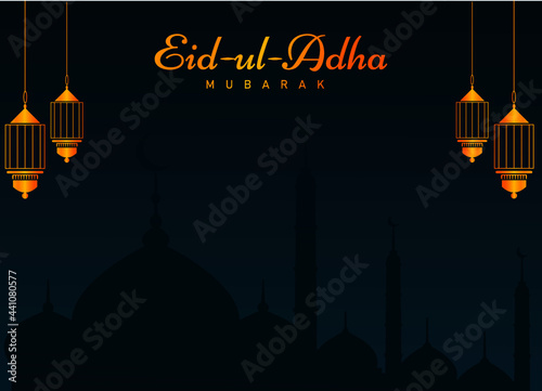 Eid Al Adha. Eid Mubarak Celebration background.calligraphic inscription translated into English as Feast of the Sacrifice.Traditional background with mosque and lanterns. Handwritten greeting card.