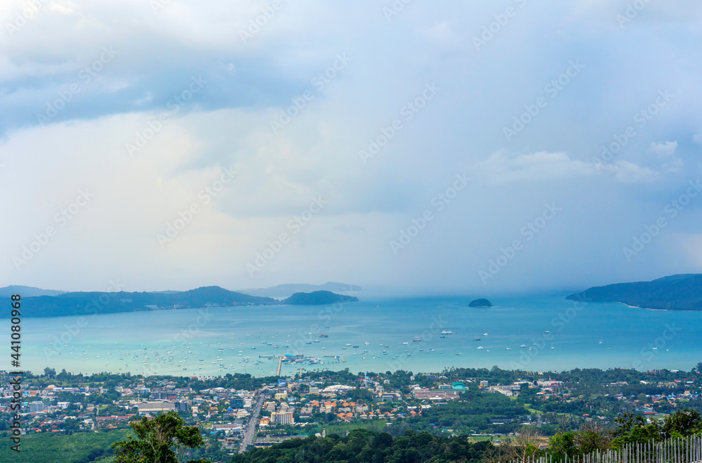 Beautiful view of Cha Long bay aerial view from the big buddha mountain at Phuket province southern of Thailand
