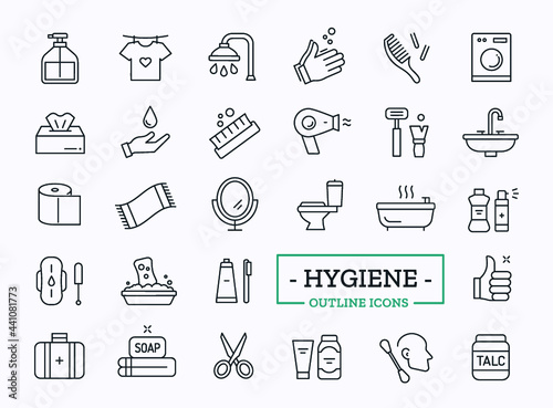 Vector hygiene thin line icons. Washing and cleaning elements for website.