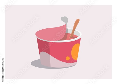 Ice cream cup with wooden spoon, simple flat illustration.