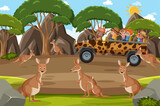 Safari scene with kids on tourist car watching kangaroo group